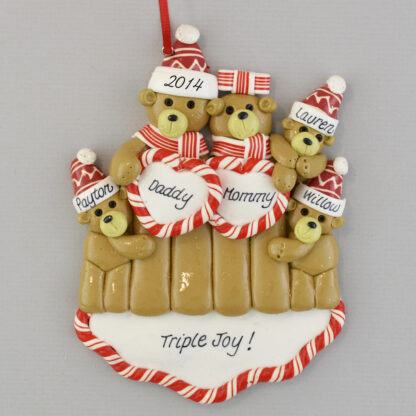 Bear Family with Triplets Personalized Christmas Ornaments