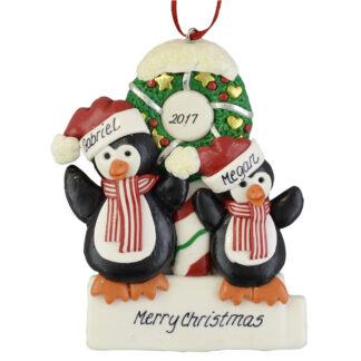 Penguins (2) with a Wreath personalized christmas Ornaments