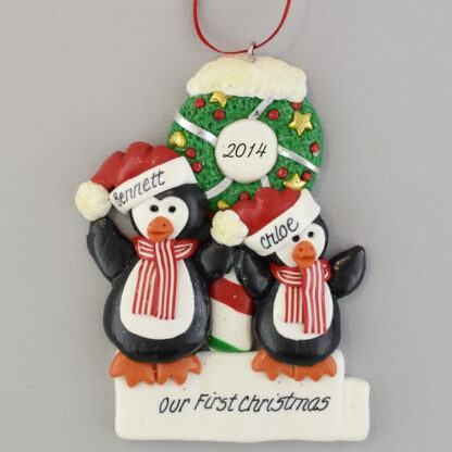 Penguin Partners (2) with Wreath personalized Christmas Ornaments