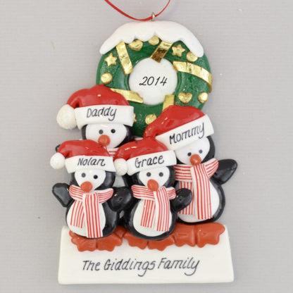 Penguins (4) with Wreath personalized christmas Ornaments