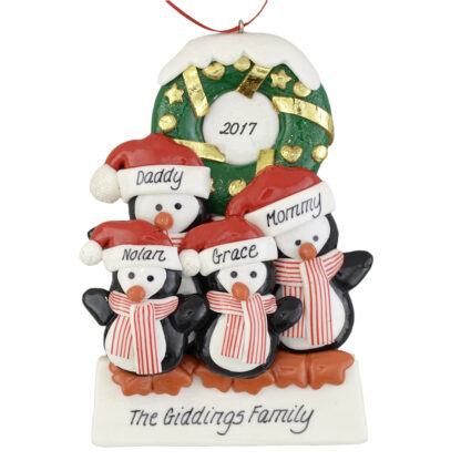 Penguins (4) with Wreath personalized christmas Ornaments