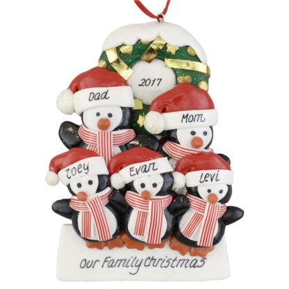 Penguins (5) with a Wreath personalized christmas Ornaments