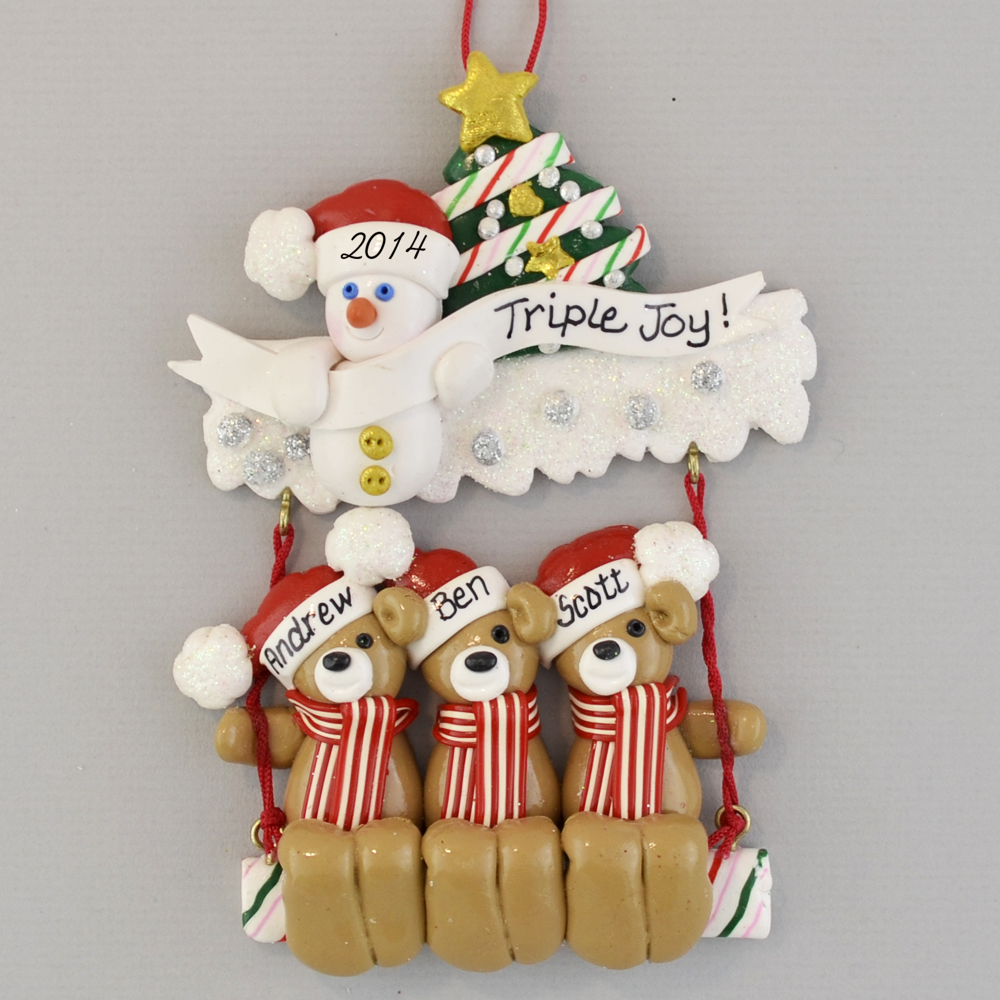 Triplet Bears on a Swing Personalized Christmas Ornaments