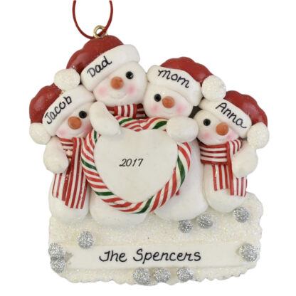 Snowman Family (4) with a Heart personalized christmas Ornaments