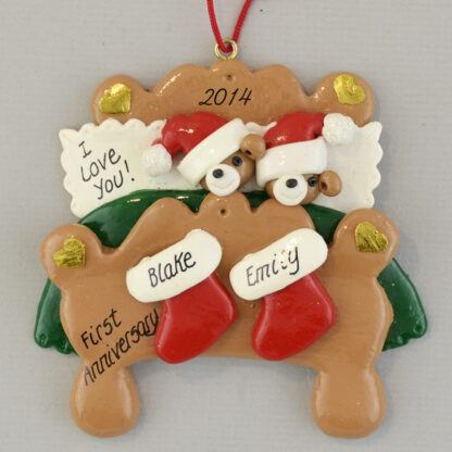 Personalized Anniversary Bears in Bed Christmas Ornaments