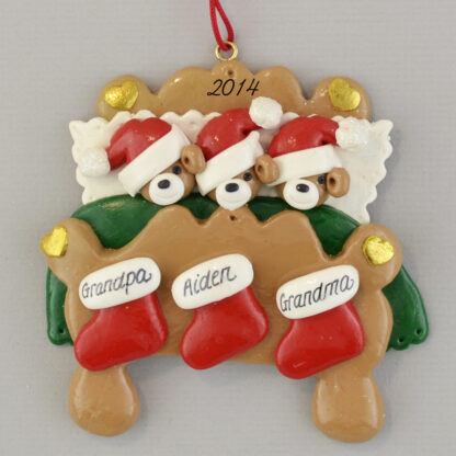 Grandparents in Bed with One Grandchild Personalized Christmas Ornaments