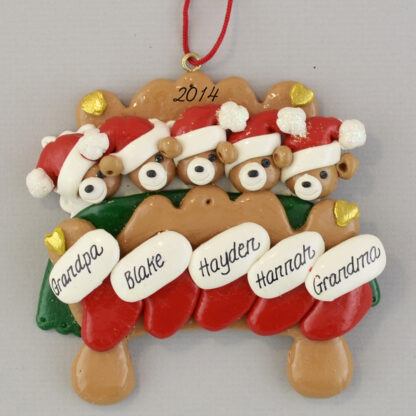 Grandparents in Bed with Three Grandchildren Personalized Christmas Ornaments