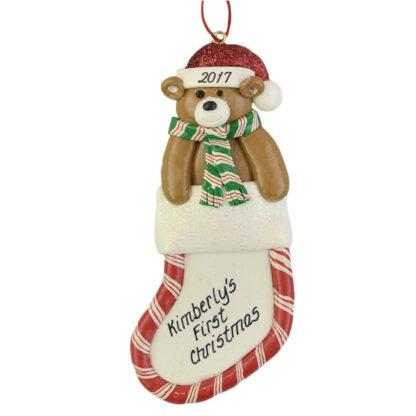 Stocking with Bear First Christmas personalized ornaments