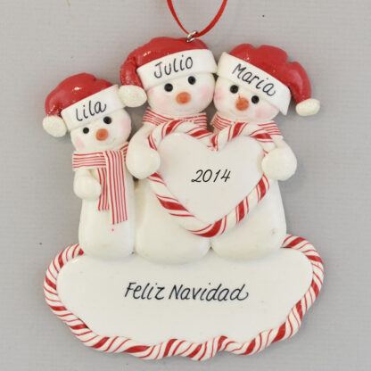Family of Three Snowmen Feliz Navidad personalized christmas Ornaments