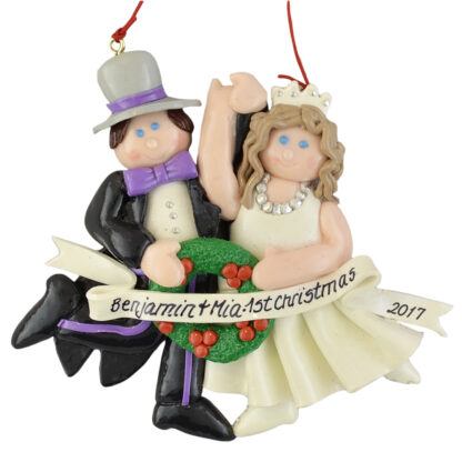 Bride and Groom Brunette wedding personalized christmas ornaments