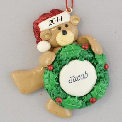 Bear Holding Wreath Personalized Christmas Ornaments