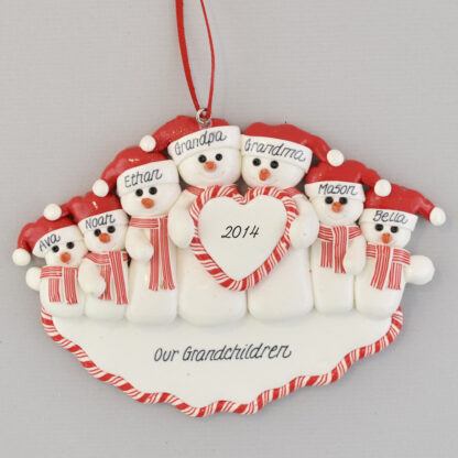 Gramps and Granny Snowcouple with Five Grandchildren Personalized christmas Ornaments