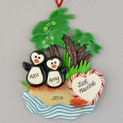 Just Married penguins under palm trees personalized christmas Ornaments