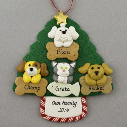 Four Pets on Tree Personalized Christmas Ornament