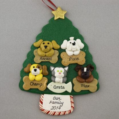 Five Pets on Tree Personalized Christmas Ornament