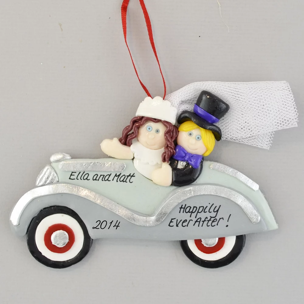 Bride (Brunette) and Groom Just Married Personalized Christmas Ornament