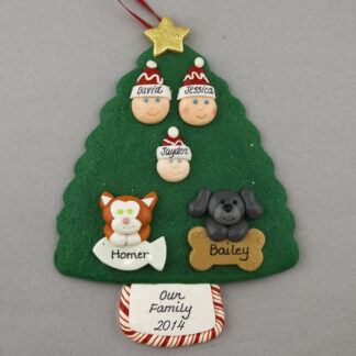 Our Family of 3 with 2 Pets Personalized Christmas Ornament