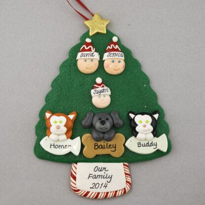 Our Family of 3 with 3 Pets Personalized Christmas Ornament