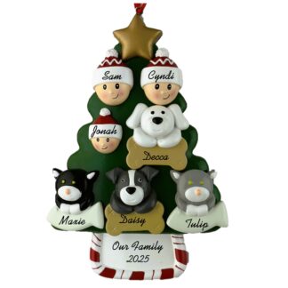 Our Family of Three with Four Pets Christmas Ornament