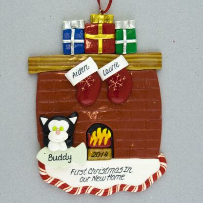 Fireplace for two and one pet personalized ornament