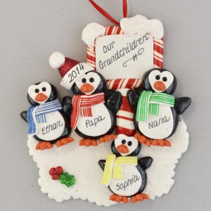 Two Grandchildren and Grandparents Personalized Christmas Penguin Ornament