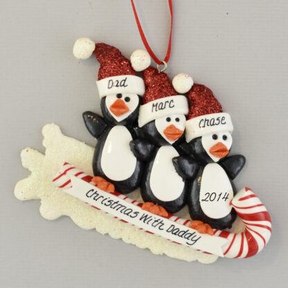Daddy and Kids Penguins on Toboggan Personalized Christmas Ornament