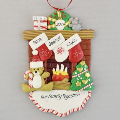 Mom and Two Children Christmas Together Fireplace Personalized Christmas Ornament