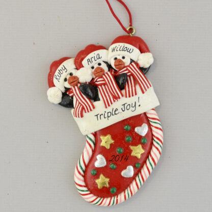Triplet Penguins in Stocking Personalized Christmas Ornament
