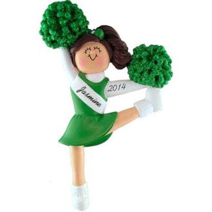Cheerleader in Green Uniform: Brunette Hair Personalized Christmas Ornament