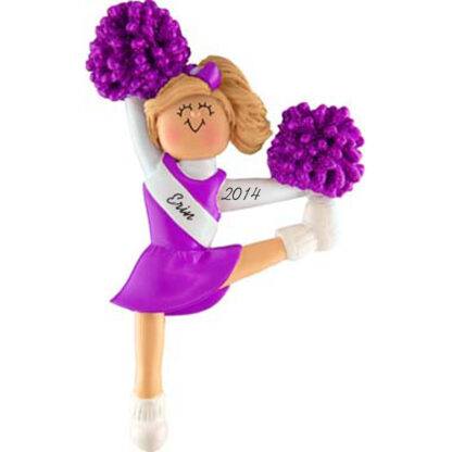 Cheerleader in Purple Uniform: Blonde Hair Personalized Christmas Ornament