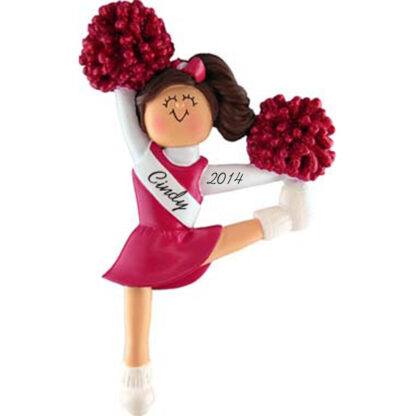 Cheerleader in Red Uniform: Brunette Hair Personalized Christmas Ornament