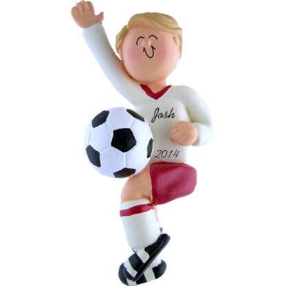 Soccer Boy in Red Uniform: Blonde Hair Personalized Christmas Ornament