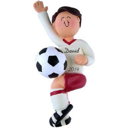 Soccer Boy in Red Uniform; Brunette Hair Personalized Christmas Ornament