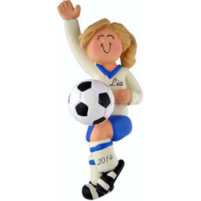 Soccer Girl in Dark Blue Uniform: Blonde Hair Personalized Christmas Ornament