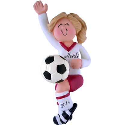 Soccer Girl in Red Uniform: Blonde Hair Personalized Christmas Ornament