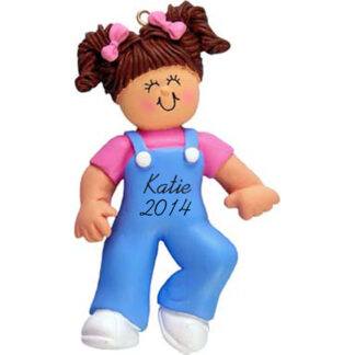 Baby Girl's First Steps Brunette Personalized Christmas Ornament