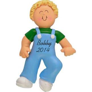 Baby Boy's First Steps Blonde Personalized Christmas Ornament