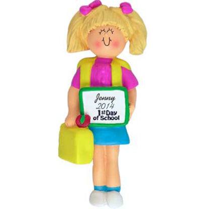 Girl's First Day of School Blonde Personalized Christmas Ornament