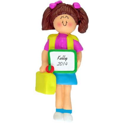 Girl's First Day of School Brunette Personalized Christmas Ornament