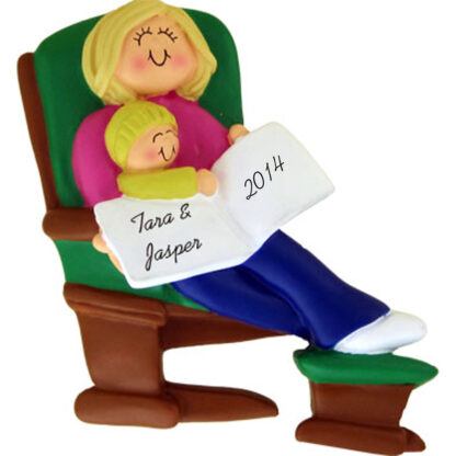 Mommy or Grandma Blonde and Baby on Glider Personalized Christmas Ornament
