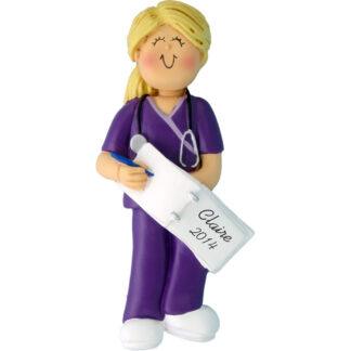 Nurse in Scrubs: Female, Blonde Personalized Christmas Ornament