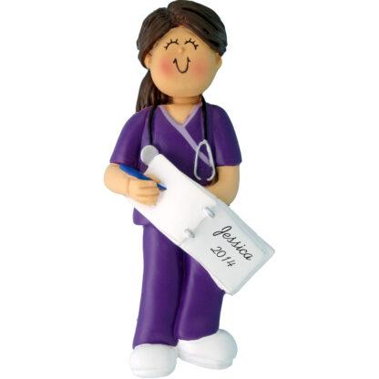 Nurse in Scrubs, Female Brunette Personalized Christmas Ornament