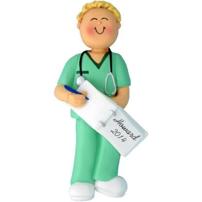 Nurse in Scrubs, Male Blonde Personalized Christmas Ornament