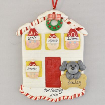 House for Family of Four with One Pet Personalized Christmas Ornament