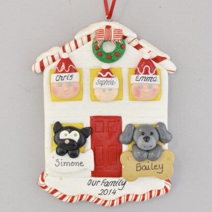 House for Family of Three with Two Pets Personalized Christmas Ornament