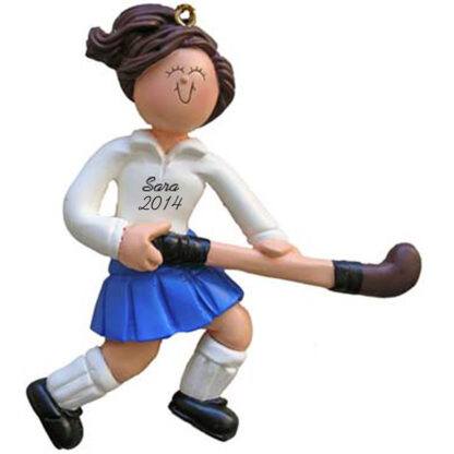 Field Hockey Player: Female Brunette Hair Personalized Christmas Ornament