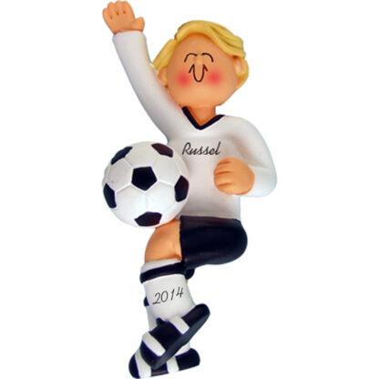 Soccer Male Blonde in White Uniform Personalized Christmas Ornament