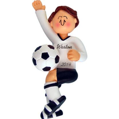 Soccer Male Brown in White Uniform Personalized Christmas Ornament