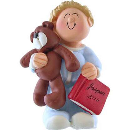 Boy with Teddy: Blonde Hair Personalized Christmas Ornament