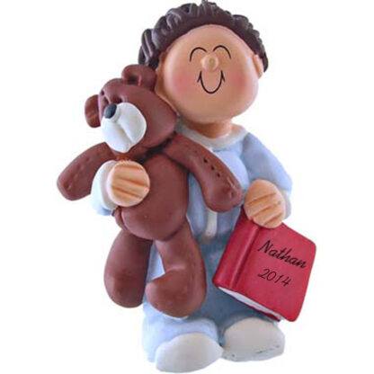 Boy with Teddy: Brown Hair Personalized Christmas Ornament